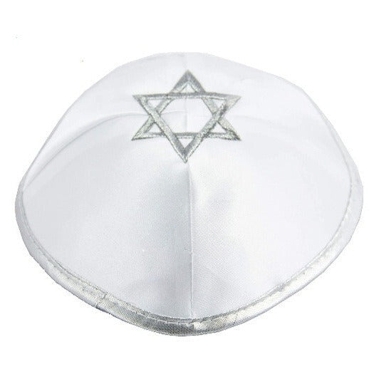 3Q. White Satin Kippah W/ Silver String & Star of David 20cm