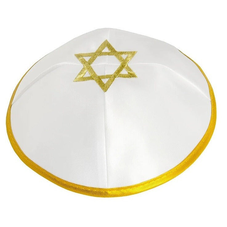 3QQ: White Satin Kippah W/ Gold String & Star of David 20cm