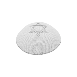 3O. White Hand Knitted Kippah W/ White Embroidered Star of David 17cm